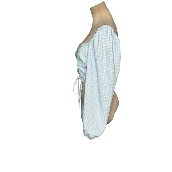 Vestique Blue White Checkered Pattern Long Sleeves Ruched Crop Top size M - Picture 13 of 16